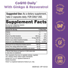 Purity Products capsules beside the label showing Kaneka Q10 for bioavailable energy