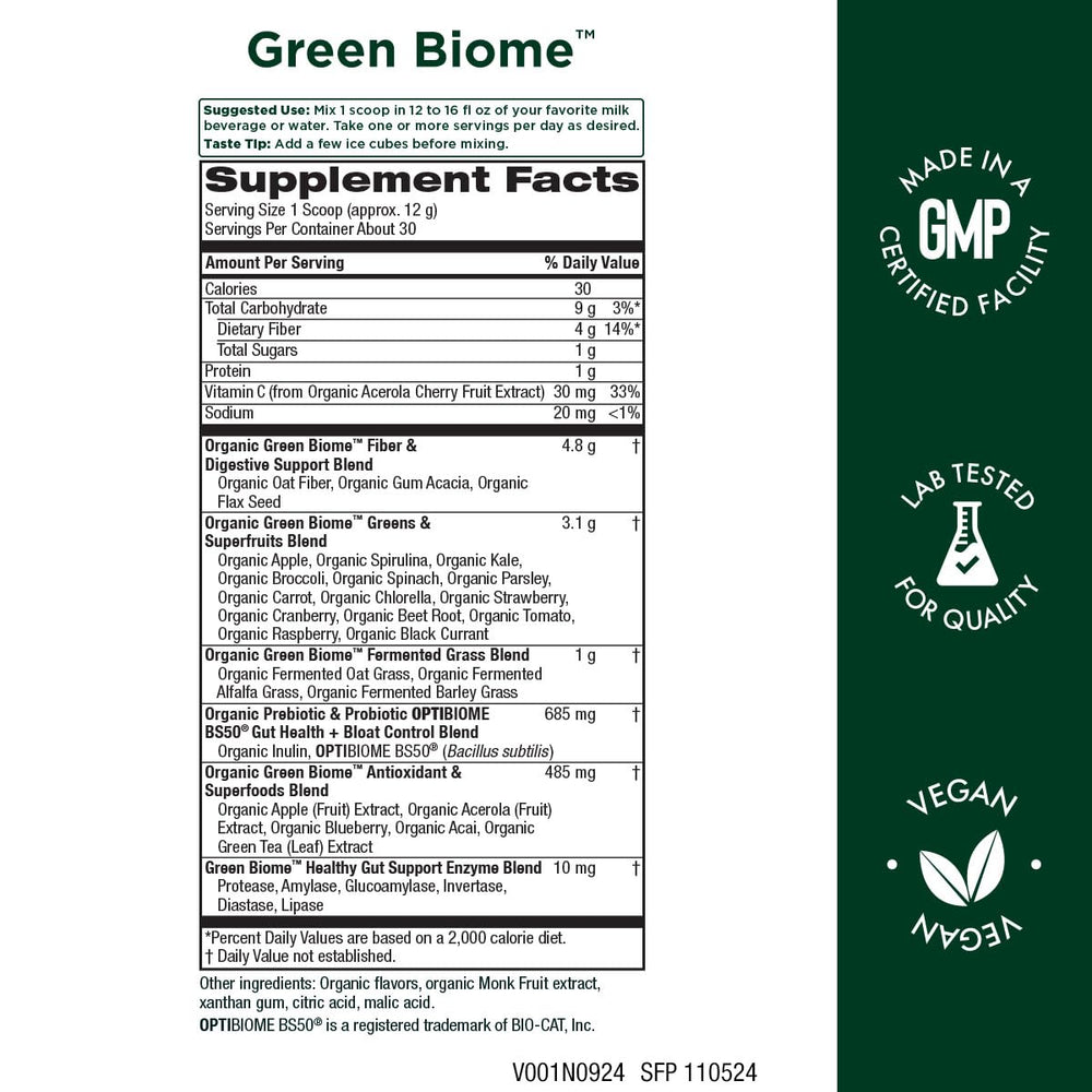 Purity Products Green Biome bottle label showing apple flavor and probiotic blend for gut-friendly routine.