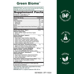 Purity Products Green Biome bottle label showing apple flavor and probiotic blend for gut-friendly routine.