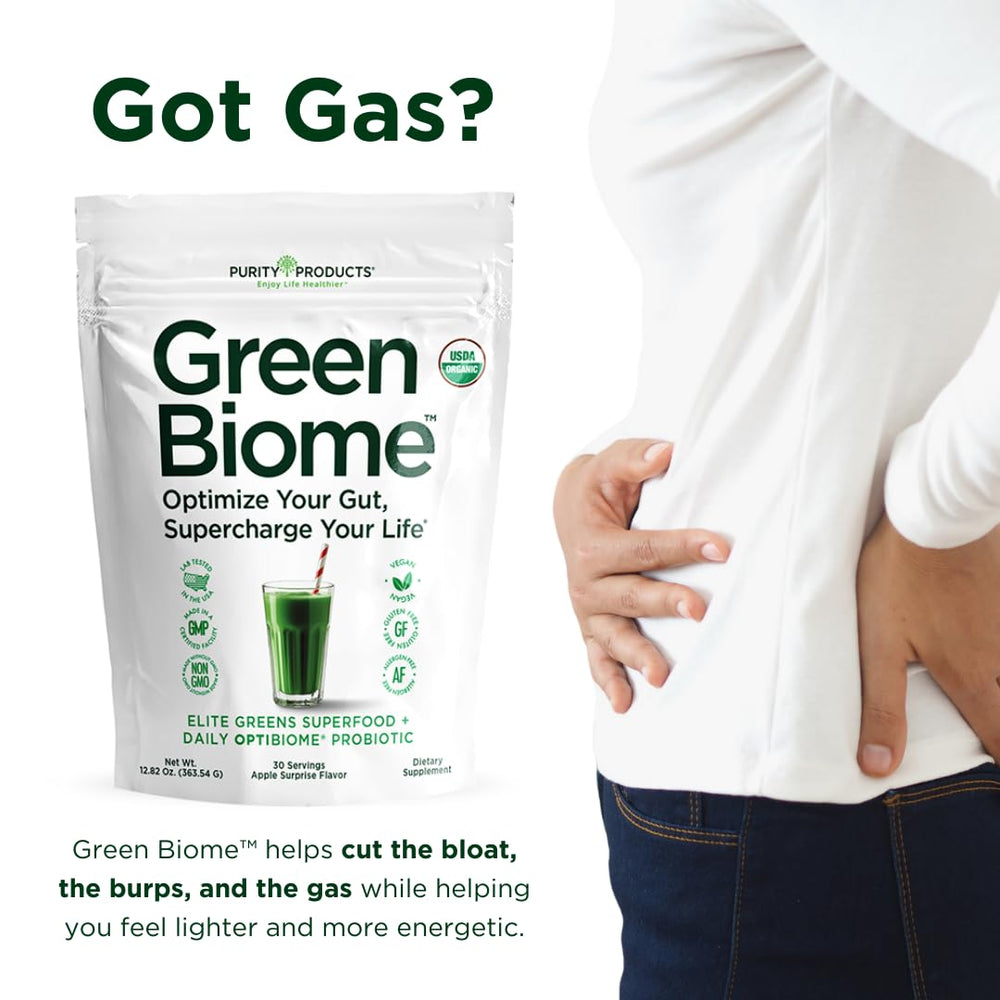 Purity Products Green Biome organic ingredients blend shown as a colorful greens mix.