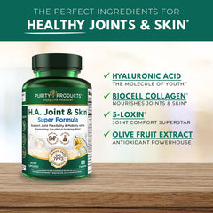 Purity Products H.A. Joint and Skin Super Formula label detail highlights Biocell collagen ingredients.