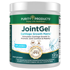 Purity Products JointGel canister on the counter highlighting CGM-5000 collagen peptides for joint support.
