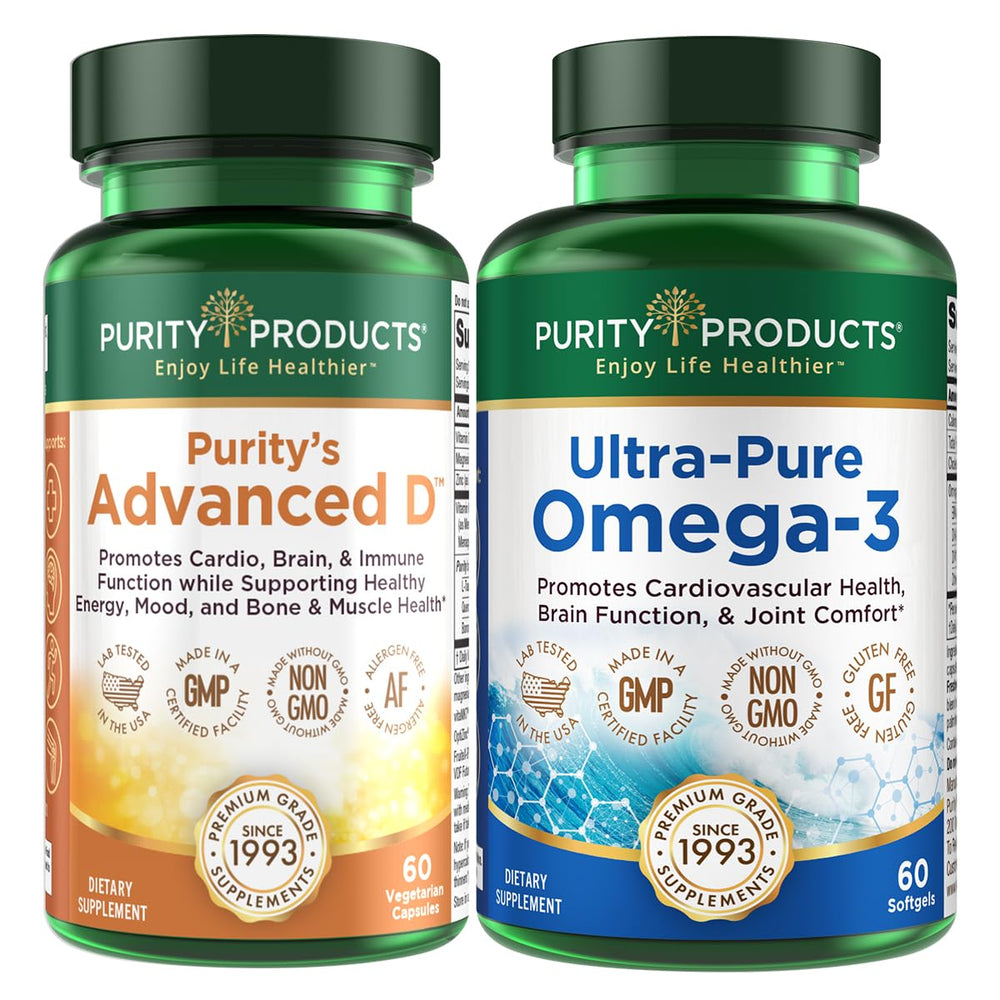 Purity Products kit with Advanced D and Omega-3 bottles supporting cardiovascular and cognitive wellness.