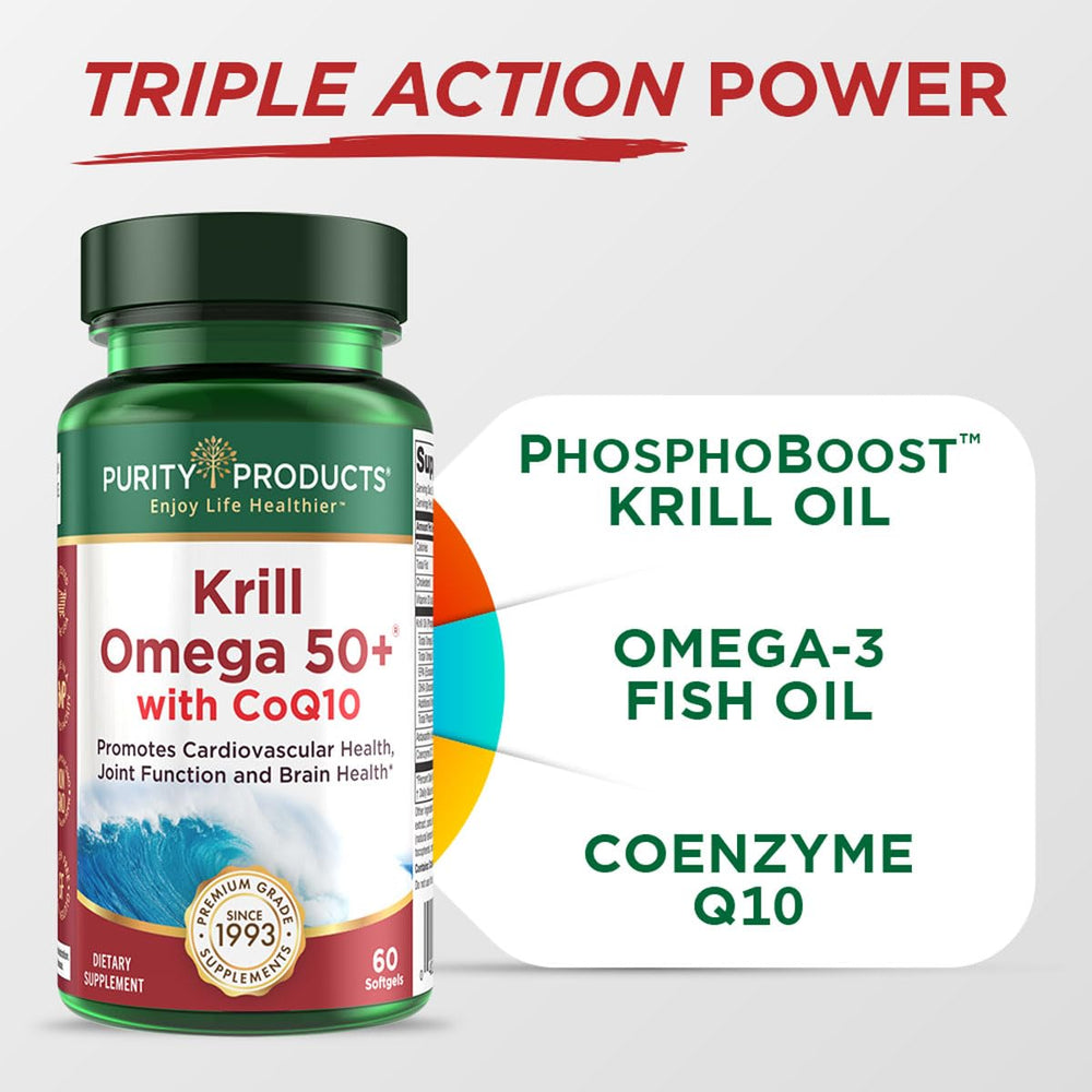 Purity Products Krill Omega 50 Plus label highlights CoQ10 for energy support.