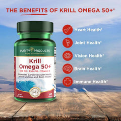 Purity Products Krill Omega 50 label highlighting phospholipids and LemonLock freshness.