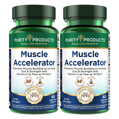 Purity Products Muscle Accelerator bottle closeup demonstrating the 650 mg patent blend for stronger workouts.