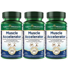 Purity Products Muscle Accelerator bottle front, emphasizing on-the-go strength support.