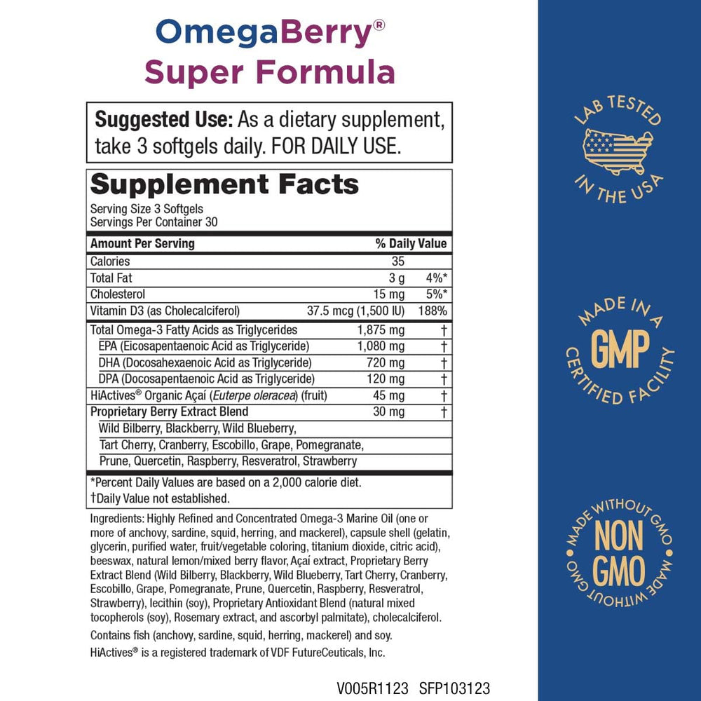 Purity Products OmegaBerry label closeup emphasizing ultra-pure EPA and DHA.
