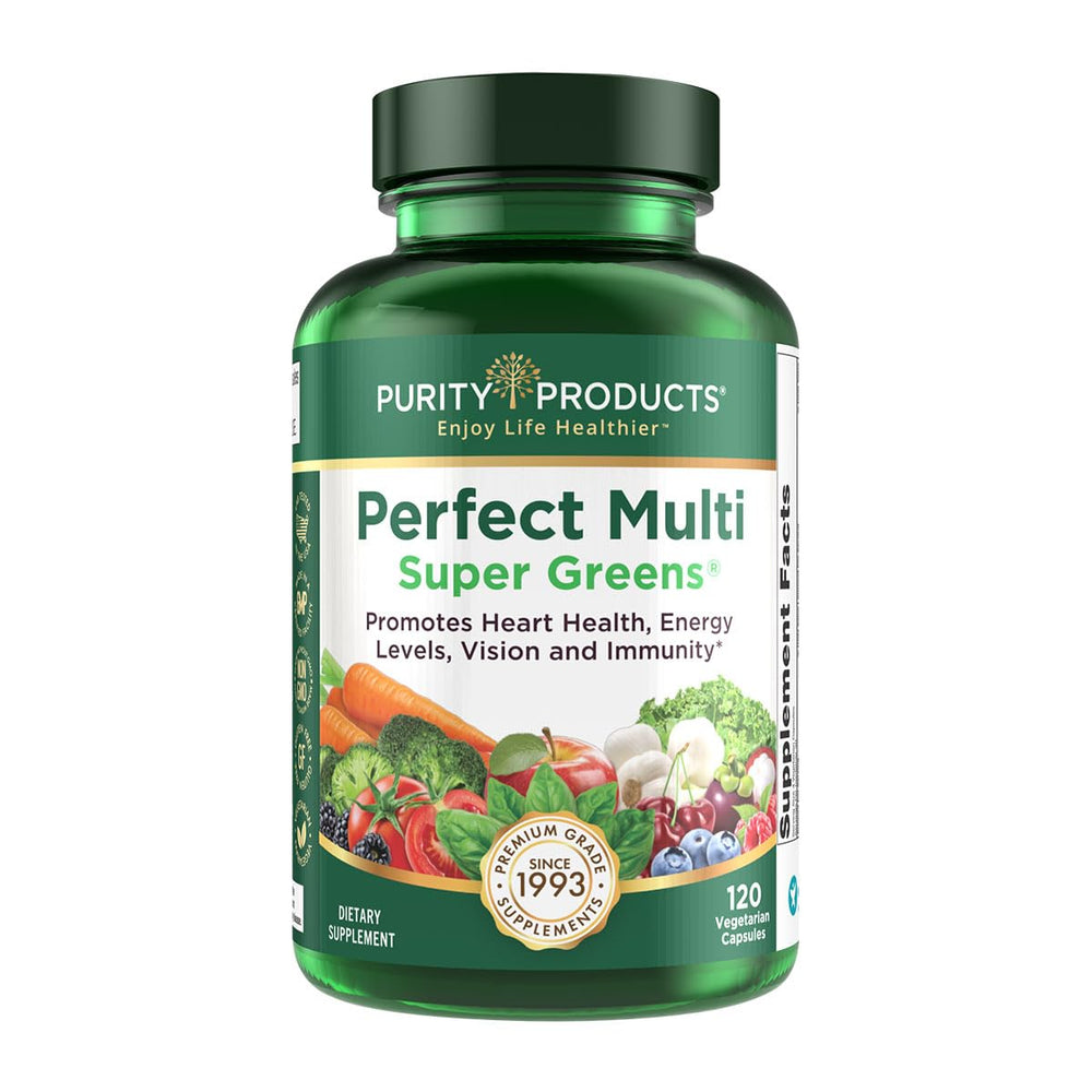 Purity Products Perfect Multi Super Greens bottle on countertop supports daily nutrient intake.