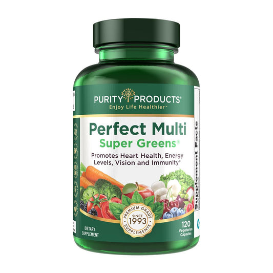 Purity Products Perfect Multi Super Greens bottle on countertop supports daily nutrient intake.