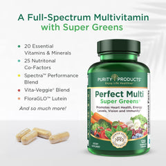 Purity Products Perfect Multi Super Greens capsules suggest easy daily nutrition.