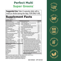 Purity Products Perfect Multi Super Greens label showcases vitamin blend for daily health support.