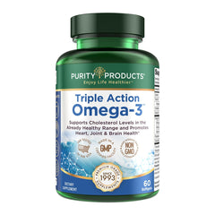 Purity Products Triple Action Omega-3 softgels in a bottle for daily heart and overall support