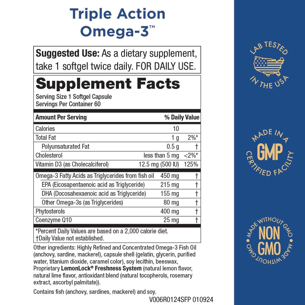 Close-up of Purity Triple Action Omega-3 softgels highlighting dense omega-3 delivery