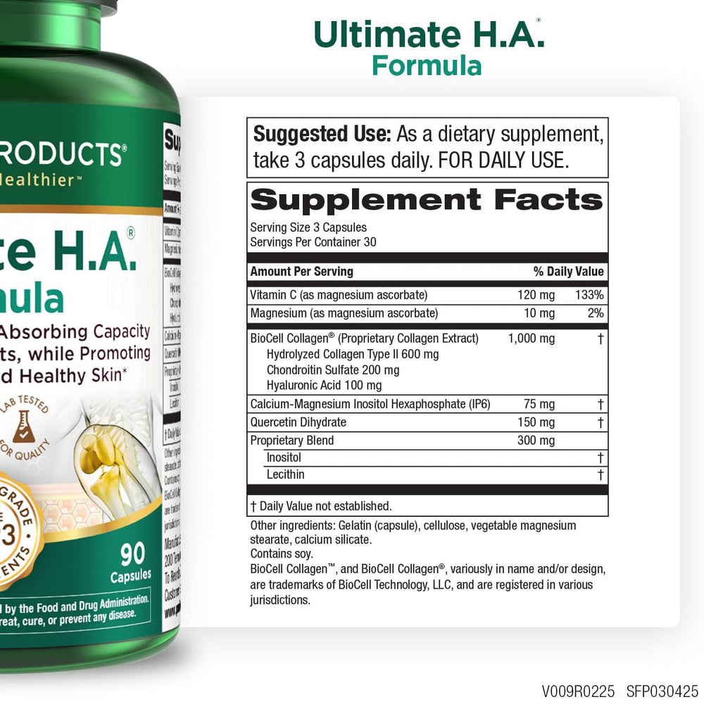 Purity Products Ultimate H.A. capsules close-up highlights skin and joint benefits.