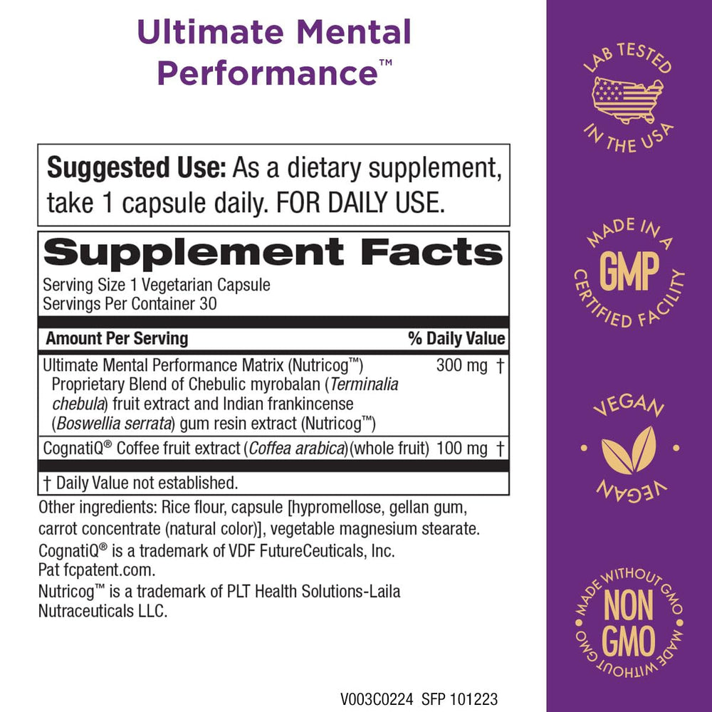 Purity Products Ultimate Mental Performance bottle label shows ingredients and vegan and non-GMO notes.