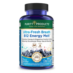 Purity Products Ultra Fresh Breath B12 Melts bottle with mint chews for quick energy and fresh breath.