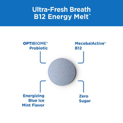 Purity Products Ultra Fresh Breath B12 Melts mint flavor on-the-go for energy and fresh breath.