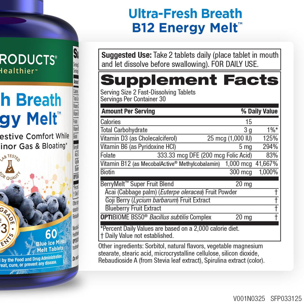 Purity Products Ultra Fresh Breath B12 Melts tablet close-up highlighting mint flavor and fast-acting energy.