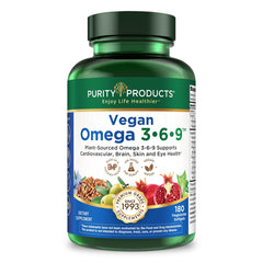 Purity Products Vegan Omega 3-6-9 bottle front showing a three-month supply