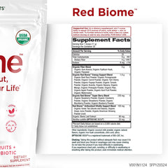 Purity Red Biome label highlights OPTIBIOME probiotic and organic fiber blend.