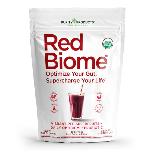 Purity Red Biome probiotic bottle ready for daily gut health support.
