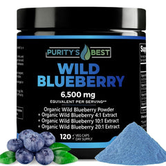 Purity's Best Wild Blueberry Extract bottle front, showcasing antioxidant-rich formula for daily support.