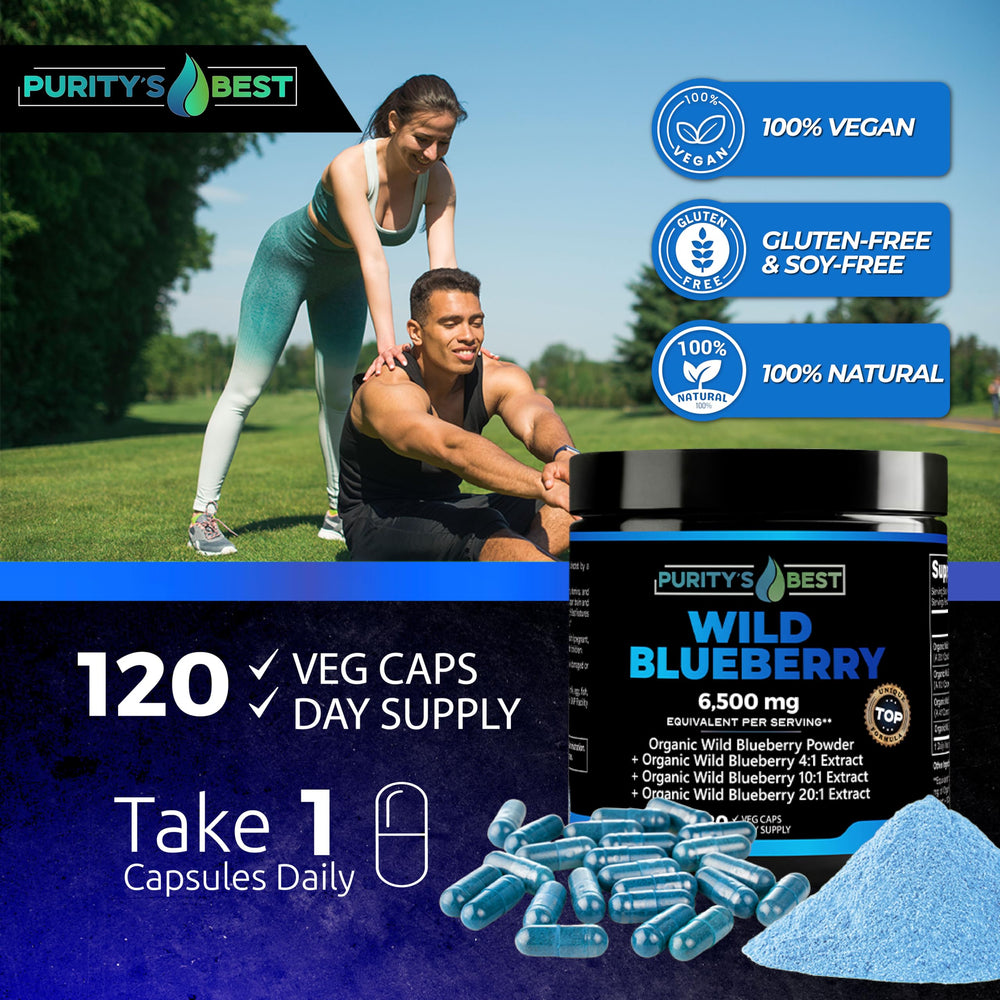Purity's Best Wild Blueberry Extract capsules pour demonstrates easy daily dosing for convenient routine.