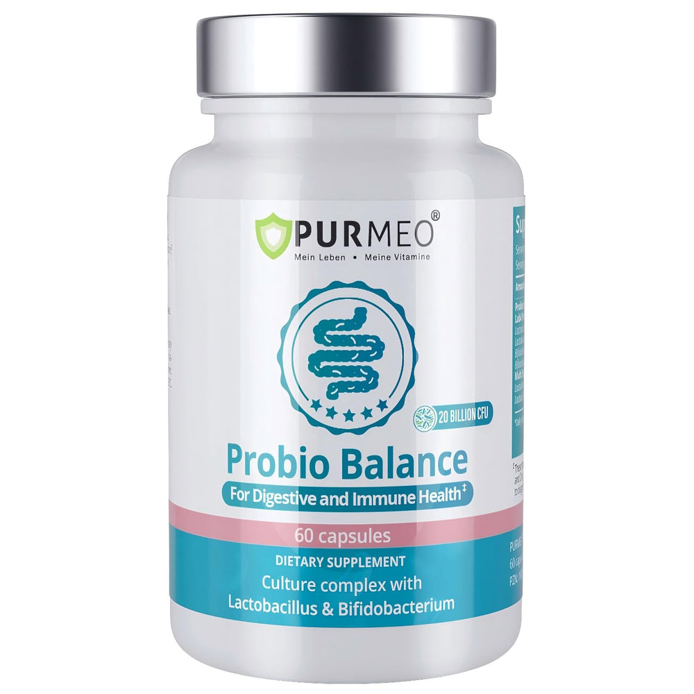 Purmeo Digestive Probiotics bottle with Lab4 strains supports gut balance and daily comfort.