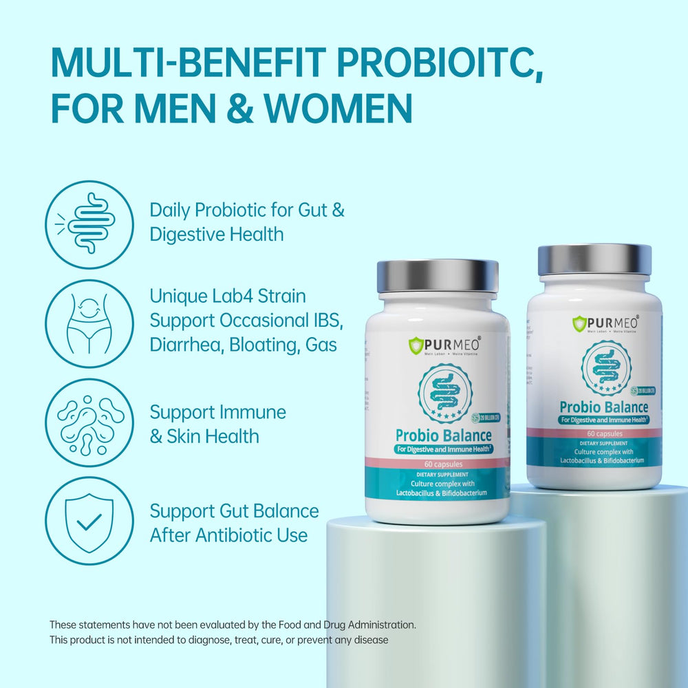 Purmeo label design graphic emphasizes multi-strain probiotic benefits for gut health.