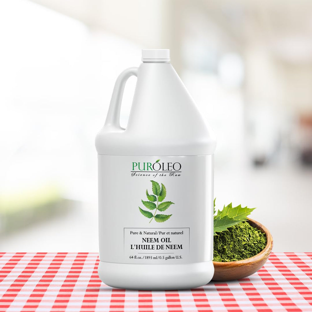 Puroleo Neem Oil label highlights 100% pure, chemical-free ingredients.