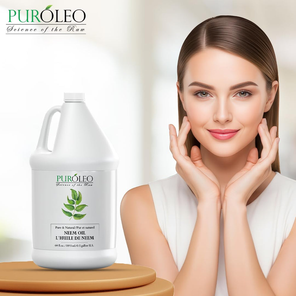 Puroleo Neem Oil packaging indicates Canada-made, pure botanical formula.