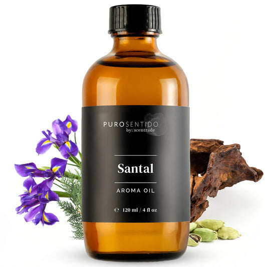 PuroSentido Santal diffuser oil bottle shows rich sandalwood warmth for a cozy home ambiance