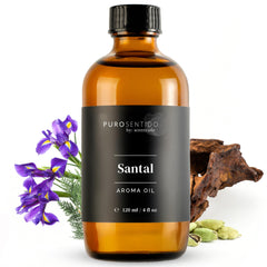 PuroSentido Santal diffuser oil bottle shows rich sandalwood warmth for a cozy home ambiance