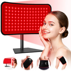 Puroth red light panel on face for skin glow and soothing relaxation.