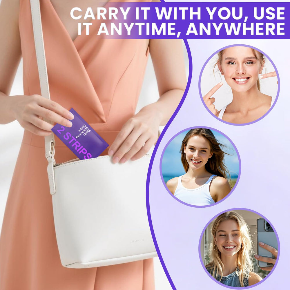 Purple Teeth Whitening Strips daily routine for cleaner looking teeth