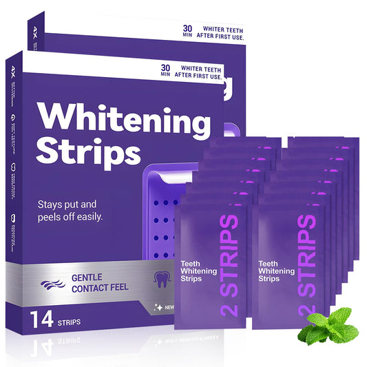 Purple Teeth Whitening Strips packaged for convenient travel and storage
