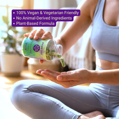 Purple Tree Happy Liver Daily bottle beside fresh produce suggests detox-friendly daily routine.