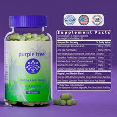 Purple Tree Happy Liver Daily packaging and label emphasize 60-vegan capsules.