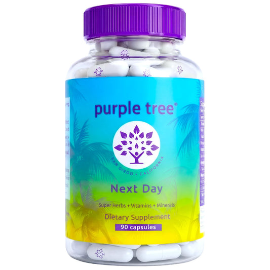 Purple Tree Next Day capsules close-up showing texture for post-drink recovery.