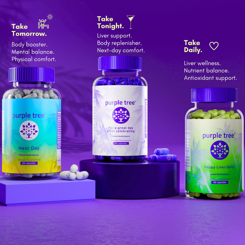 Purple Tree Next Day morning routine glass encouraging hydration and balance.