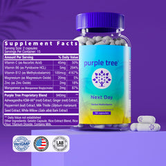 Purple Tree Next Day person taking a capsule represents a simple post-night routine