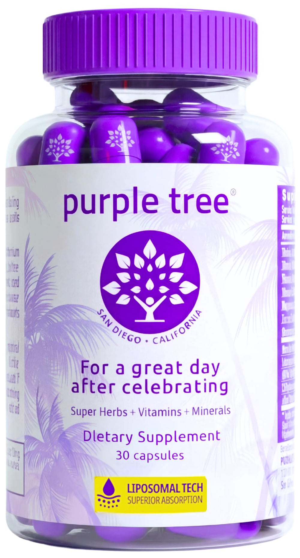 Purple Tree Post-Celebration Wellness bottle front, after-party recovery in mind