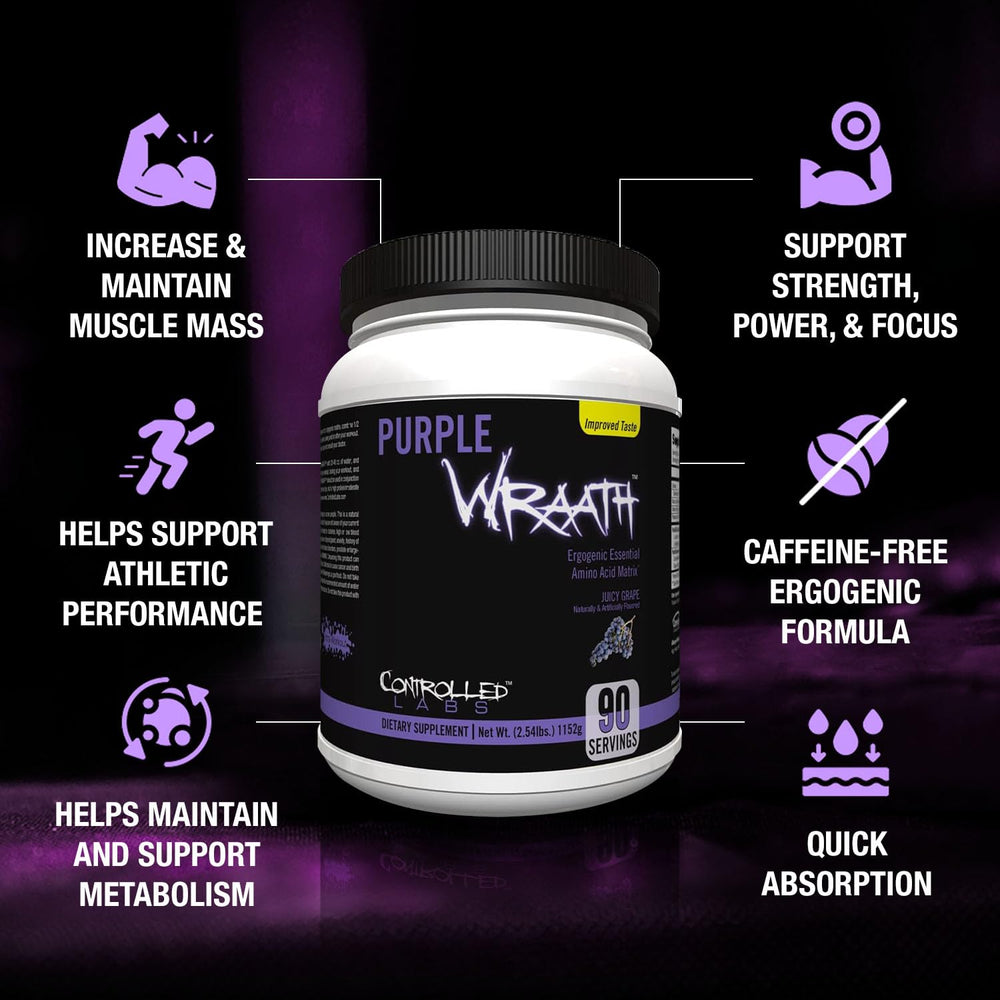 Purple Wraath scoop measures powder for precise intra-workout dosing.