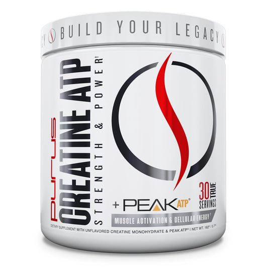 Purus Labs Creatine ATP bottle label highlighting premium gym formula.