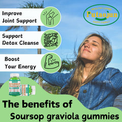 Putaojun Soursop Gummies ingredients panel shows vitamin C and minerals for daily support.