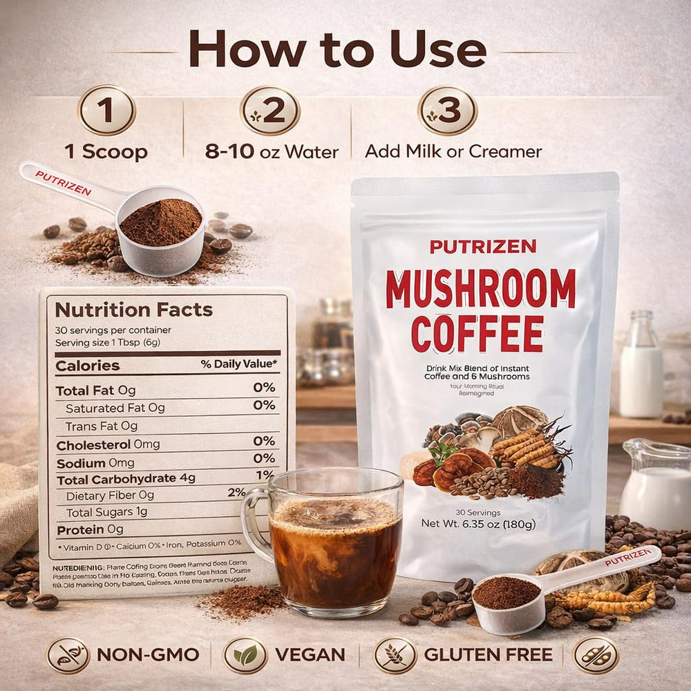 STEAMING cup of PUTRIZEN HerbalWell mushroom coffee for a bright morning
