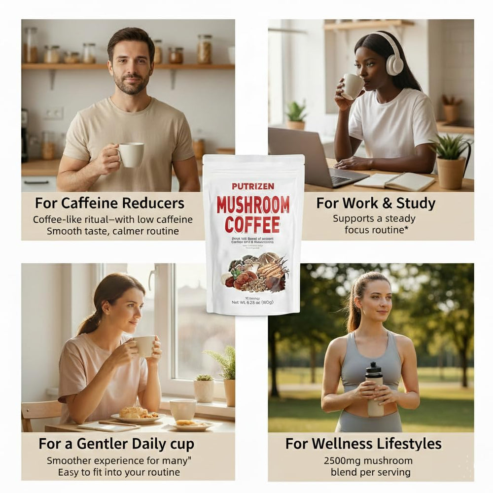 Morning routine scene with PUTRIZEN HerbalWell on a desk