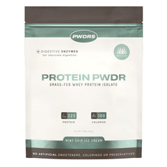 PWDRS Mint Chip whey protein bottle highlights clean, grass-fed whey for post-workout fueling.