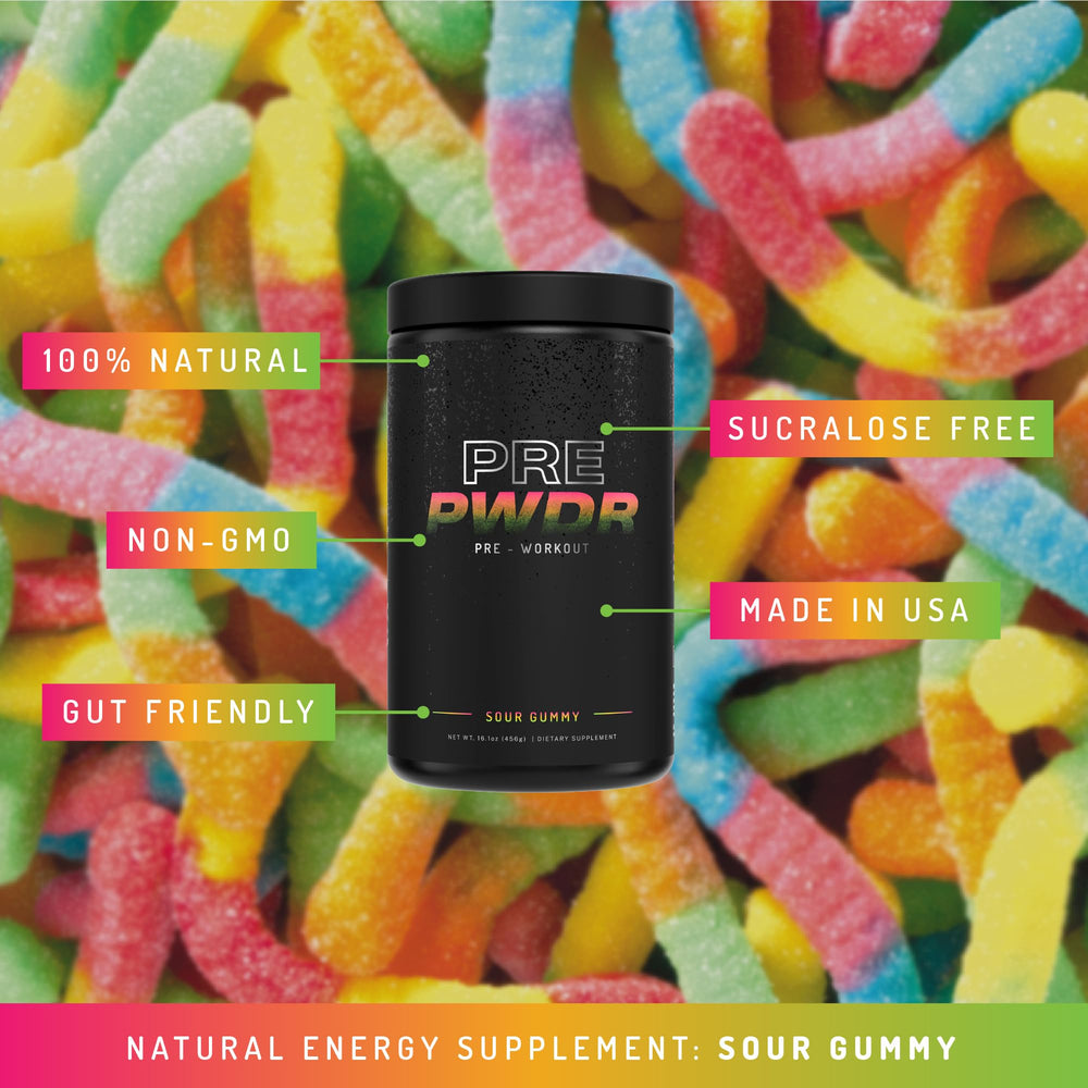 PWDRS shaker with Sour Gummy pre-workout ready for training.